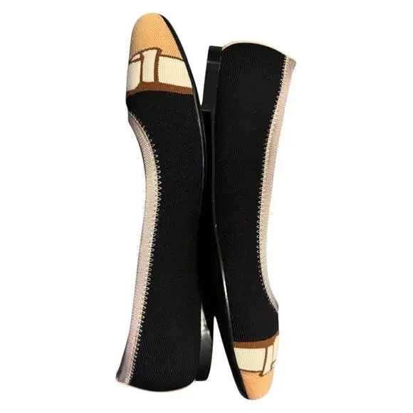 NIB Salvatore Ferragamo Varina Flats Black Cream Bow Ballet Shoes Sz 8.5 Fabric - Picture 3 of 7